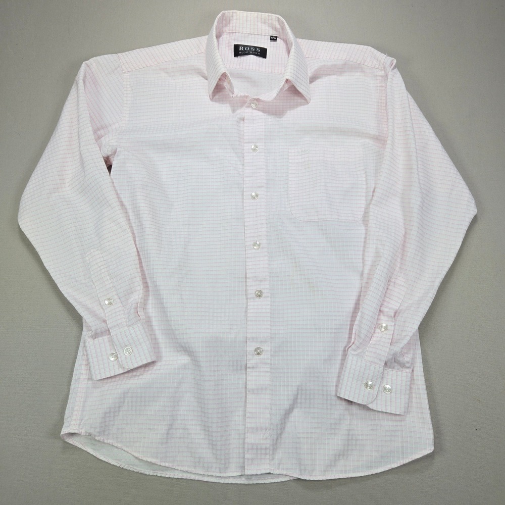 Hugo Boss Dress Shirt Grid Check Button Down Pink Mens 16 33-34